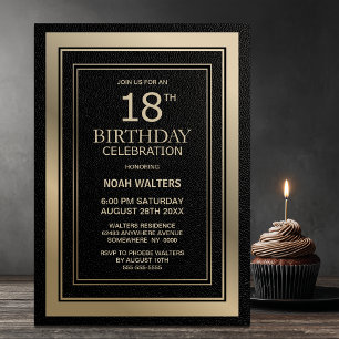 Invitation Fête d'anniversaire 18 ans moderne noir et or