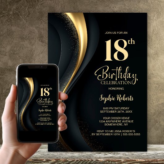 Invitation Fête d'anniversaire 18 ans noir et or