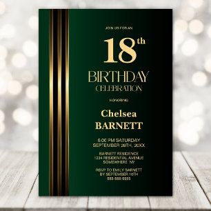 Invitation Fête d'anniversaire 18 ans noir vert rayures dorée