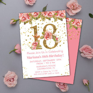 Invitation Fête d'anniversaire 18 ans Pink Roses Floral