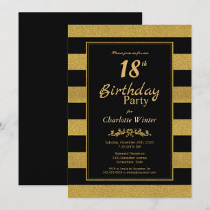 Invitation Fête d'anniversaire 18 ans rayée noir et or