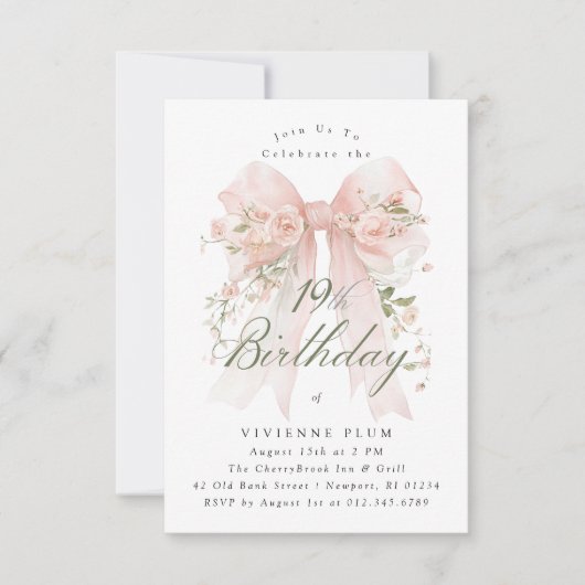 Invitation Fête d'anniversaire 19 ans Ruban Coquette Rose Flo (Devant)