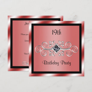 Invitation Fête d'anniversaire 19 ans Silver Swirls & Diamond