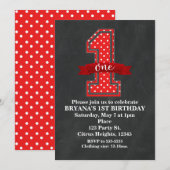 Invitation Fête d'anniversaire 1 an 1er point rouge et blanc (Devant / Derrière)