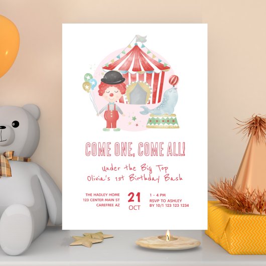Invitation Fête d'anniversaire 1 an Cirque Carnaval Mignon