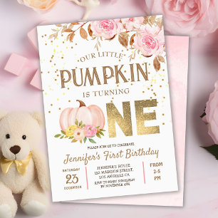 Invitation Fête d'anniversaire 1 an fille fleurs citrouille p