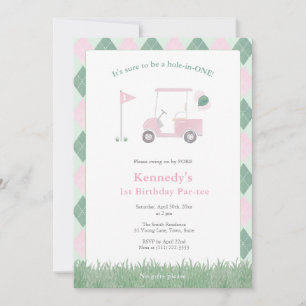 Invitation Fête d'anniversaire 1 an fille Golf Rose Vert Aqua