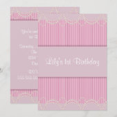 Invitation Fête d'anniversaire 1 an Fille Rayure Perle Rose (Devant / Derrière)