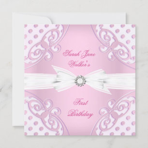 Invitation Fête d'anniversaire 1 an Fille Rose Blanc pois nœu