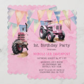 Invitation Fête d'anniversaire 1 an Fille Tracteur Rose (Devant / Derrière)