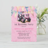 Invitation Fête d'anniversaire 1 an Fille Tracteur Rose (Debout devant)