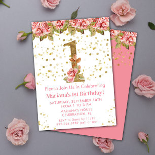 Invitation Fête d'anniversaire 1 an fleurs roses roses
