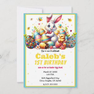 Invitation Fête d'anniversaire 1 an Lapin de Pâques & Œufs