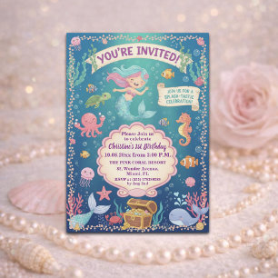 Invitation Fête d'anniversaire 1 an Mermaid Under the Sea Ros
