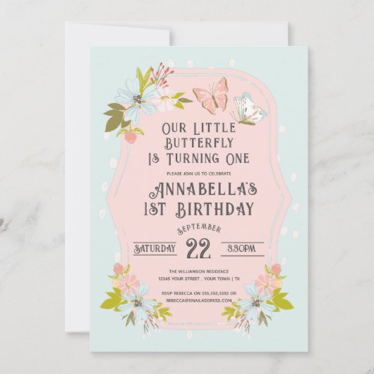 Invitation Fête d'anniversaire 1 an Papillon Boho Rose (Devant)