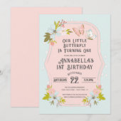Invitation Fête d'anniversaire 1 an Papillon Boho Rose (Devant / Derrière)