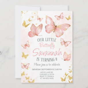 Invitation Fête d'anniversaire 1 an Papillons Rose Mignon