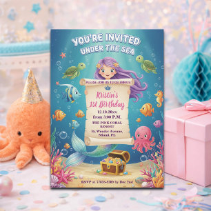 Invitation Fête d'anniversaire 1 an sous la mer Mermaid Pink