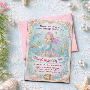 Invitation Fête d'anniversaire 1 an sous la mer Sirène Violet