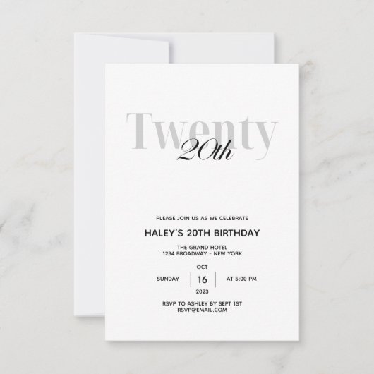 Invitation Fête d'anniversaire 20 ans Chic Noir & Blanc (Devant)