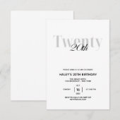 Invitation Fête d'anniversaire 20 ans Chic Noir & Blanc (Devant / Derrière)
