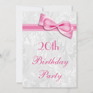 Invitation Fête d'anniversaire 20 ans damassé et faux nœud ro