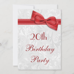 Invitation Fête d'anniversaire 20 ans damassé et nœud faux