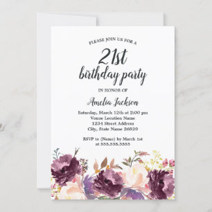 Invitation Fête d'anniversaire 21 ans aquarelle violette Flor
