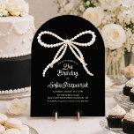 Invitation Fête d'anniversaire 21 ans Arc à ruban perle noir<br><div class="desc">Invitation élégante noire et blanche avec un grand ruban à écriture perlée blanche sur fond noir. La calligraphie ajoute une touche spéciale. Tout le texte est modifiable.</div>
