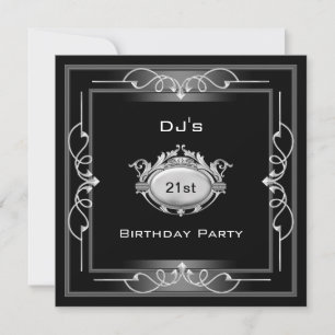 Invitation Fête d'anniversaire 21 ans  Art Déco Noir Argent B