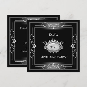 Invitation Fête d'anniversaire 21 ans  Art Déco Noir Argent B