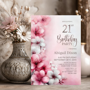Invitation Fête d'anniversaire 21 ans aux fleurs roses et bla