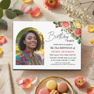 Invitation Fête d'anniversaire 21 ans avec fleurs élégantes e