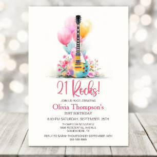 Invitation Fête d'anniversaire 21 ans avec guitare et ballons