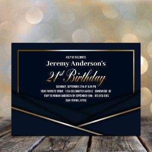 Invitation Fête d'anniversaire 21 ans bleu et or moderne