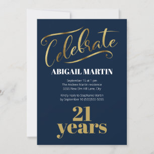 Invitation Fête d'anniversaire 21 ans Bleu Nuit Or Blanc
