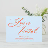 Invitation Fête d'anniversaire 21 ans Blue Orange Bold Script (Debout devant)