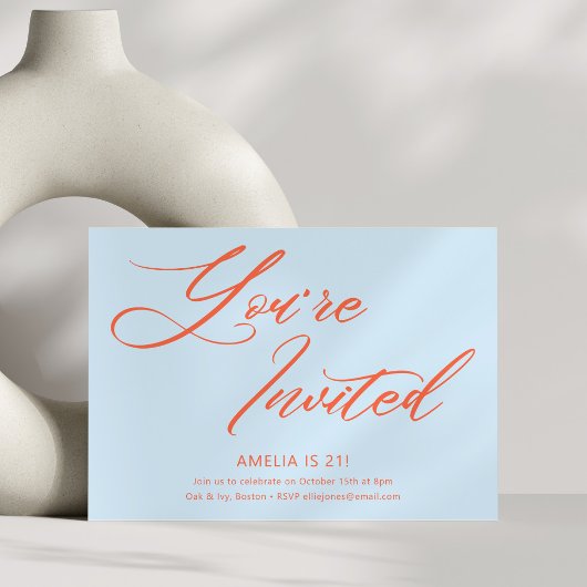 Invitation Fête d'anniversaire 21 ans Blue Orange Bold Script