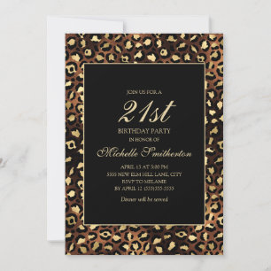Invitation Fête d'anniversaire 21 ans Bronze Or Léopard Noir