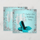 Invitation Fête d'anniversaire 21 ans Cocktails Talons Teal (Devant / Derrière)