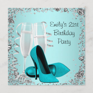 Invitation Fête d'anniversaire 21 ans Cocktails Talons Teal