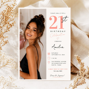 Invitation Fête d'anniversaire 21 ans de fille photo minimali