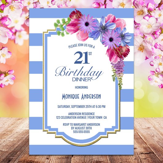Invitation Fête d'anniversaire 21 ans décor floral pourpre