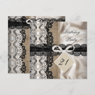 Invitation Fête d'anniversaire 21 ans dentelle rustique toile
