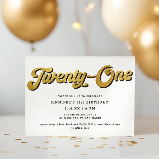 Invitation Fête d'anniversaire 21 ans écriture rétro or noir