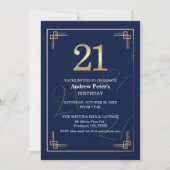 Invitation Fête d'anniversaire 21 ans Elegant Blue Gold (Devant)
