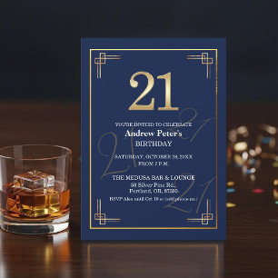Invitation Fête d'anniversaire 21 ans Elegant Blue Gold