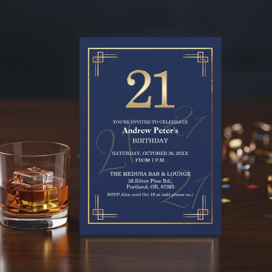 Invitation Fête d'anniversaire 21 ans Elegant Blue Gold