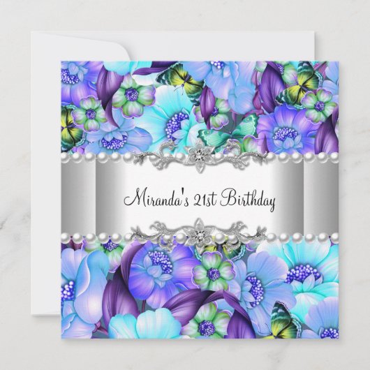Invitation Fête d'anniversaire 21 ans Fleur violette Perle bl (Devant)