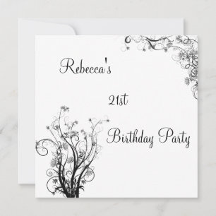 Invitation Fête d'anniversaire 21 ans Floral Blanc Noir Épuré